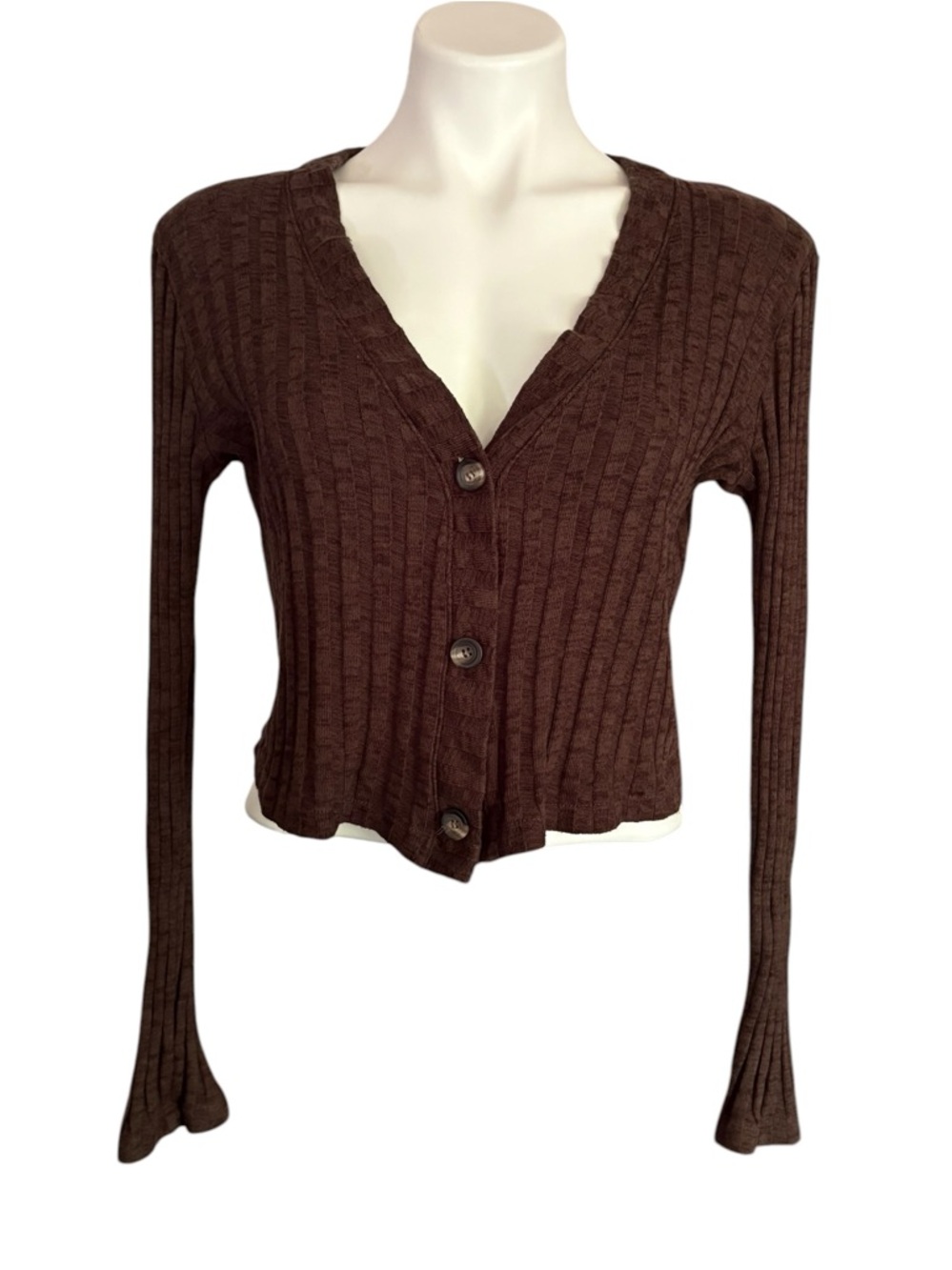 Michael Stars Espresso Brown Ribbed Cropped Cardigan Flare Sleeve  Sz M